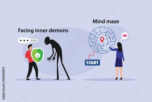Overcoming Inner Demons and Navigating a Mind Maze 2d flat vector illustration