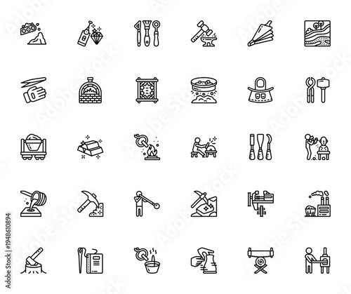 Mining and crafting icon set. Vector illustrations including tools, furnace, kiln, crucible, gold ingots, jewelry, pottery, glassblowing and more. Editable stroke.