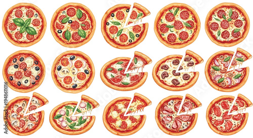 Watercolor Pizza Collection Set with Pepperoni Margherita Vegetable Italian Pizzas Isolated