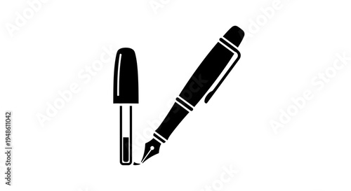 Fountain Pen and Cap Icon, Isolated Black and White Illustration