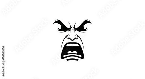 Furious Face Icon, Angry Expression, Aggressive Emotion, Scream, Rage, Black and White Vector Art