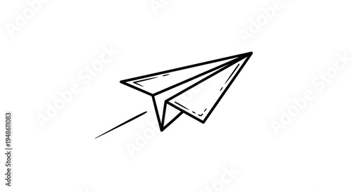 Hand Drawn Paper Airplane Flying Through Sky, Simple Line Art Illustration