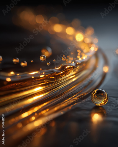 Liquid Light Trails: Close-up shot capturing golden, flowing liquid trails illuminated with light, creating an abstract display.