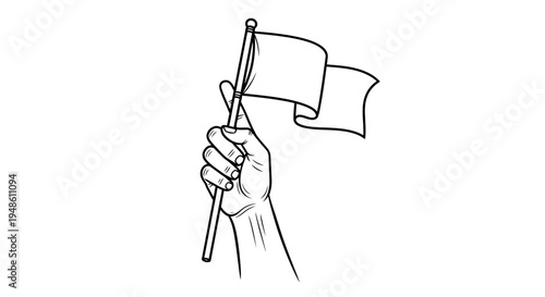 Hand holding white flag on pole, surrender gesture, protest symbol, isolated on white background