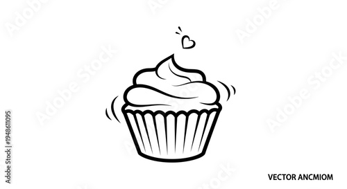 Hand-drawn cupcake illustration with a heart and motion lines, black and white vector art