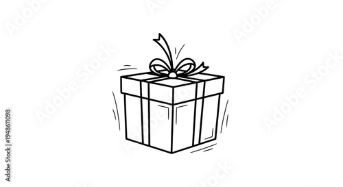 Hand-drawn gift box with ribbon and bow, isolated on white background, celebration concept