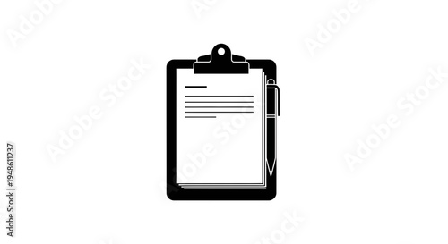 Clipboard with Paper and Pen Icon - Black and White Vector Illustration
