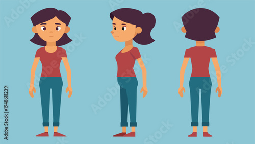 Full body character turnaround of a female cartoon figure displayed in front side and back views wearing a maroon shirt and blue trousers.