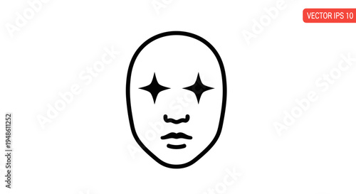 Clown Face Icon, Minimalist Line Art, Expressive Eyes, Sad Mouth, Performance Art Symbol