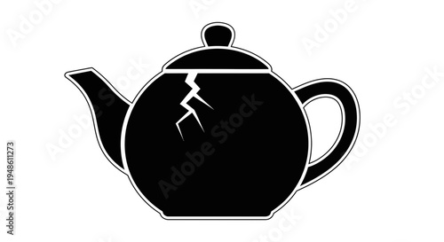 Cracked Black Teapot Silhouette Isolated on White Background