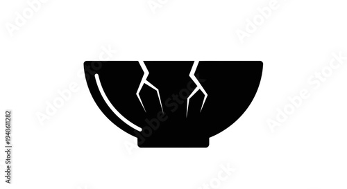 Cracked Bowl Silhouette Icon: Broken Ceramic Dish, Fragile Object, Damaged Kitchenware