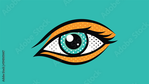 Pop art style vector illustration of a close up female eye with bright orange eyeshadow and teal eyeliner on a solid teal background.