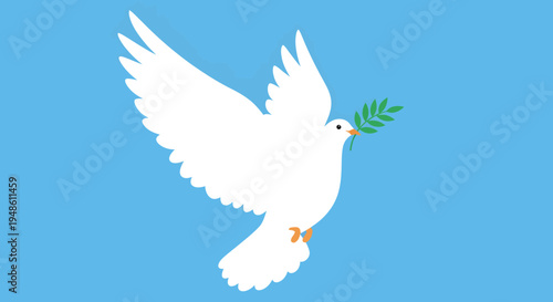 Graphic illustration of a white dove holding an olive branch against a blue and white background, symbolizing peace.