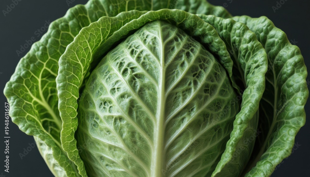 Fototapeta premium Fresh green cabbage head with crisp leaves isolated on dark background for healthy food and cooking concept