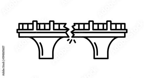 Broken bridge icon, symbolizing infrastructure failure, collapse, and structural damage.