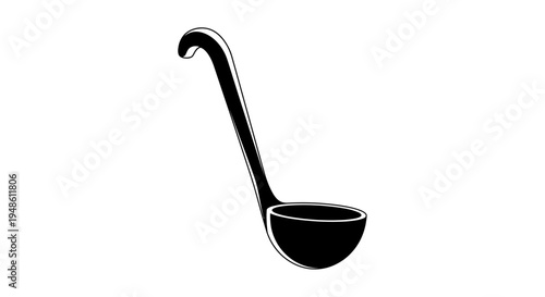 Black Ladle Silhouette Isolated on White Background, Kitchen Utensil for Serving Soup or Liquids