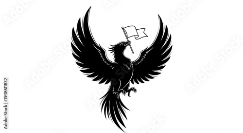 Black Phoenix Bird Silhouette with Two Flags in Beak, Mythical Creature Emblem, Vector Art