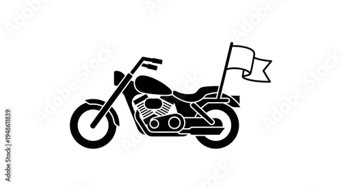 Black Silhouette of a Chopper Motorcycle with a Waving Flag, Isolated on White Background