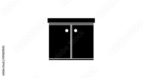Black Silhouette of a Cabinet with Two Doors and Handles on White Background