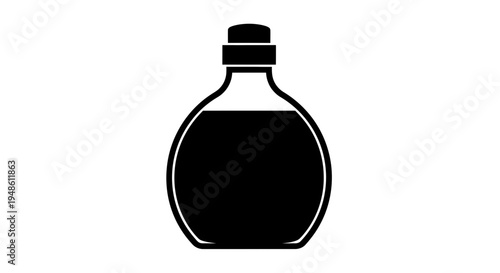 Black Silhouette of a Round Glass Bottle with Cork Stopper and Dark Liquid