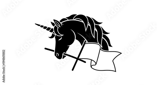 Black Silhouette Unicorn Head with Crossed Flags and Banner