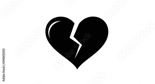 Black Broken Heart Icon Silhouette on White Background, Symbol of Sadness and Heartbreak