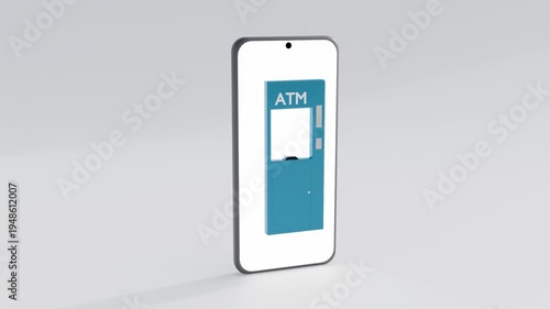 3D animation of ATM Machine Appearing on a Smartphone Screen, Symbolizing Digital Finance, Online Banking Apps, and Financial Accessibility.