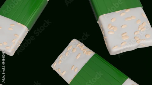 3D animation of raining tempeh in the black background, a traditional fermented soybean block wrapped in a banana leaf. 