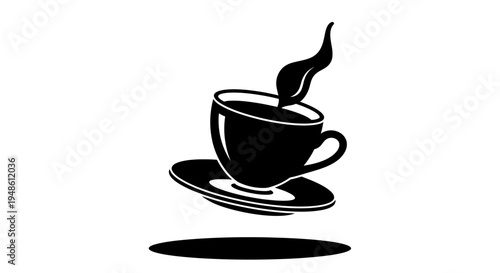 Black Coffee Cup with Steam on Saucer, Isolated on White Background