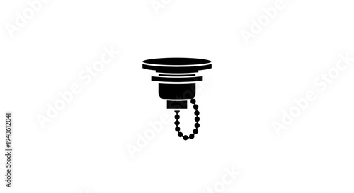 Black drain plug with chain, isolated on white background, simple icon for plumbing and bathroom.