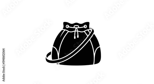 Black drawstring bucket bag icon, isolated on white background, vector illustration