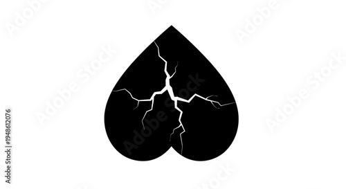 Black Heart Cracked Symbol, Symbolizing Broken Love, Sadness, Pain, and Heartbreak