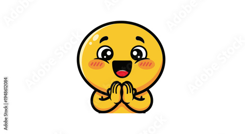 A cartoon-style yellow emoticon with hands clasped in prayer, blushing cheeks and wide eyes on a white background.