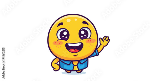 A cheerful yellow emoticon character wearing a blue shirt waves in a friendly manner against a clean white background with a joyful mood.