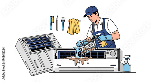 An HVAC technician in a blue uniform repairing an air conditioning unit with tools and a spray bottle nearby on a white background.