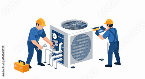 Two technicians in hard hats repairing an air conditioning unit with tools on a white background.