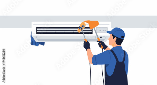 A technician in blue overalls and cap services an air conditioning unit with a tool on a white background.