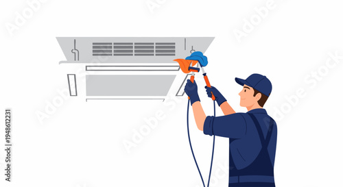Illustration of a technician servicing an air conditioning unit with a power tool.