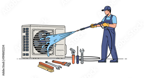 A man in a blue uniform uses a hose to clean an air conditioning unit with tools scattered around him in a simple illustrative style with a focus on blue tones.