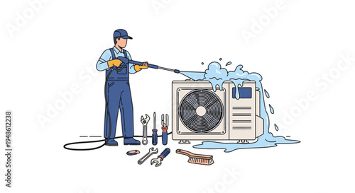 Illustration of a technician cleaning an air conditioning unit with a hose and tools around him in a flat, graphic style.