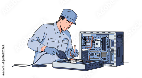 Technician in blue uniform repairing computer hardware with tools on a workbench in a workshop with a clean and organized background.