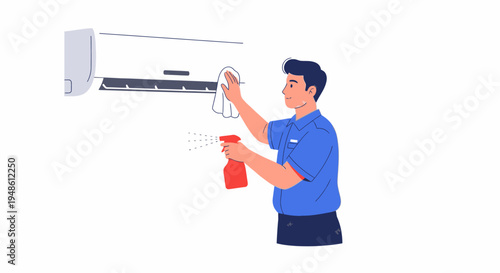 A man in a blue shirt cleaning an air conditioner with a spray bottle and cloth on a white background.
