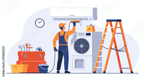 An illustration of a technician installing an air conditioner with a toolbox and ladder in a domestic setting.