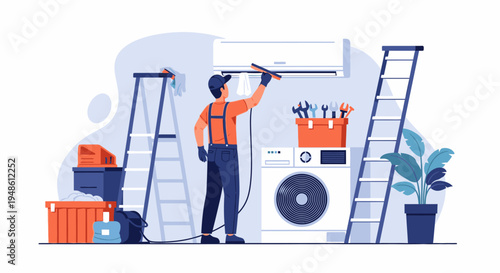 An illustrated man in an orange shirt and blue overalls installing a white appliance in a laundry room with tools and equipment.
