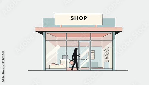 Illustration of a Woman Entering a Modern Storefront, Business and Retail Concept