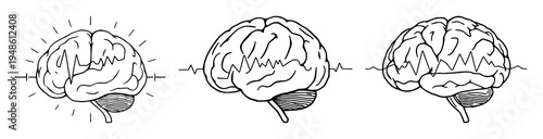 Brain set with continuous line drawing of a minimalist brain with electrical pulses, cognitive enhancement theme featuring thin line, white background and illustration vector