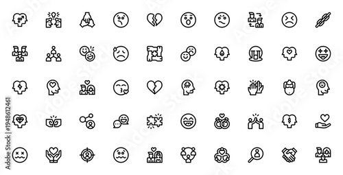 Human Relations and Emotions icon set. Vector symbols for relationship, empathy, love, anger, happiness, family, business and communication. Editable stroke.