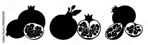 Pomegranate set with solid black silhouette of whole fruit next to half fruit featuring superfruit, botanical, monochrome with white background and illustration