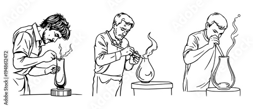 Glassblowing set with continuous line art of a glassblower shaping a vessel featuring glass art, craft, movement with thin black line and white background