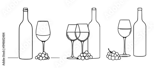Wine set with a continuous one-line drawing design featuring a wine bottle, stemware glass, grapes with a clean and elegant vector style